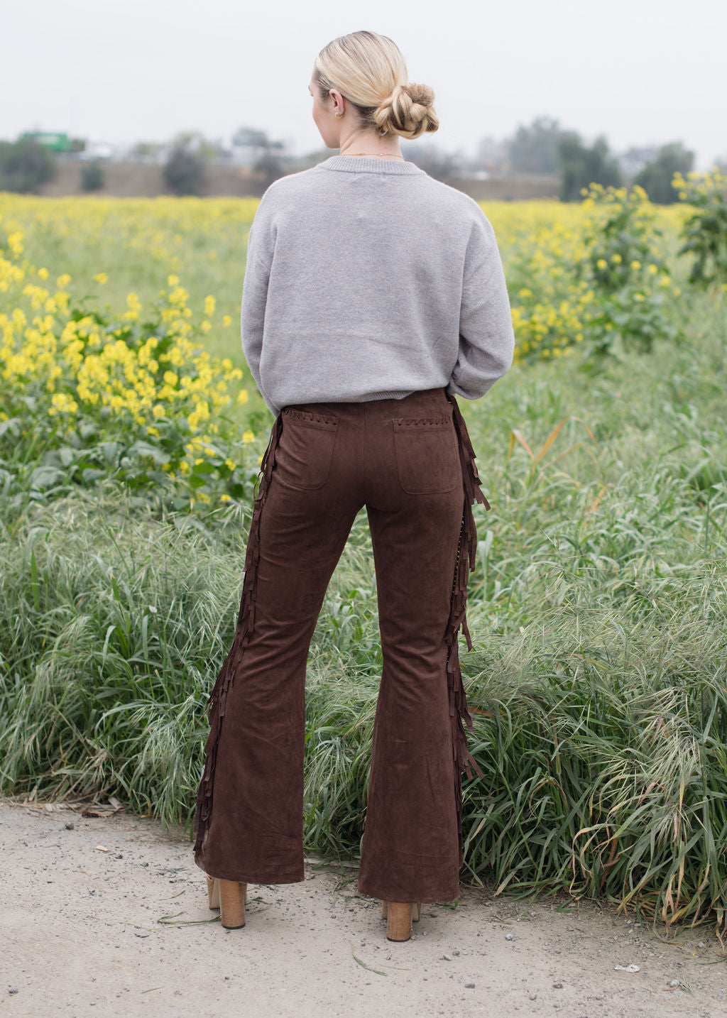 Suede Flare Leg Pants With Fringe