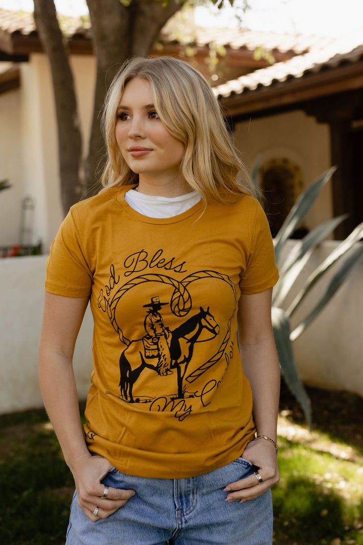 God Bless My Cowboy Mustard Tee