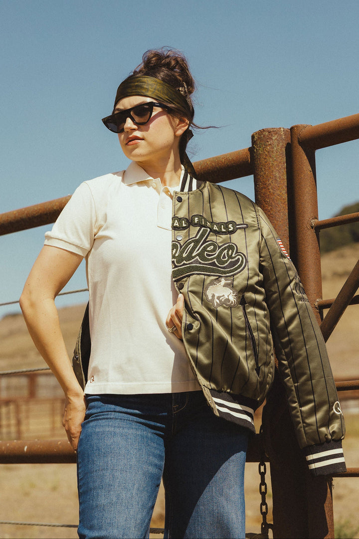 Pre-Order: Olive Pinstripe NFR Bomber Jacket